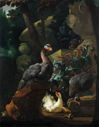 Park Landscape with Guinea Fowls, Chickens, and Chicks